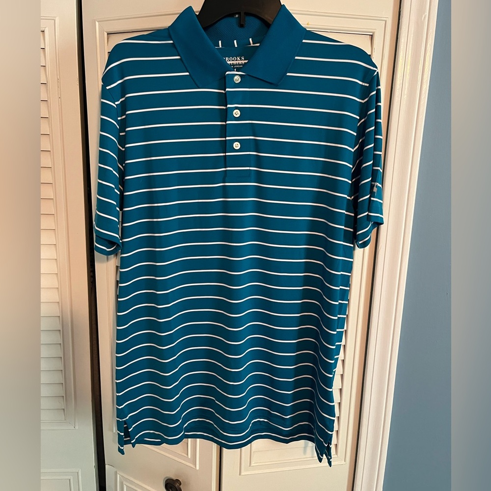 Brooks Brothers blue striped golf performance polo shirt